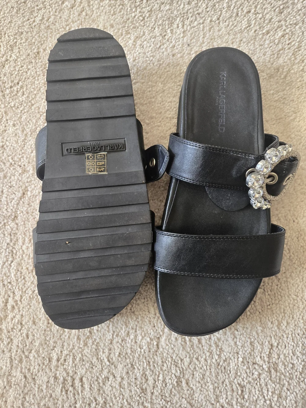 Karl Lagerfeld Black Leather Slide Sandals with Crystal Buckles